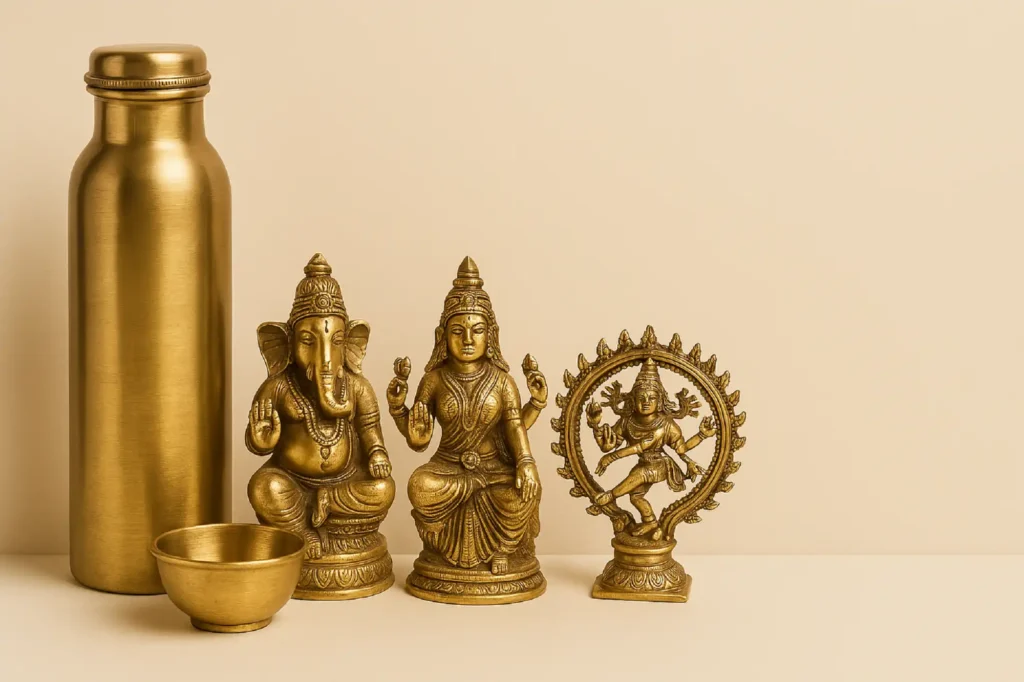 Swarna brass gift items including idols, cookware, tableware, and pooja items – handcrafted, toxic-free, easy to clean, and long-lasting shine
