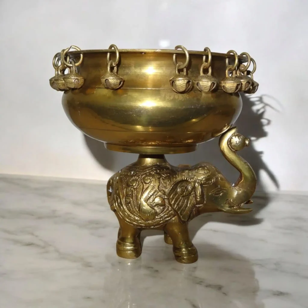 Pure brass urli on elephant back – non-toxic, chemical-free, antique brassware perfect for gifting and traditional decor
