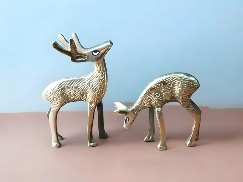 Royal brass deer pair showpiece, traditional pure brass handicraft, non-toxic and chemical-free décor