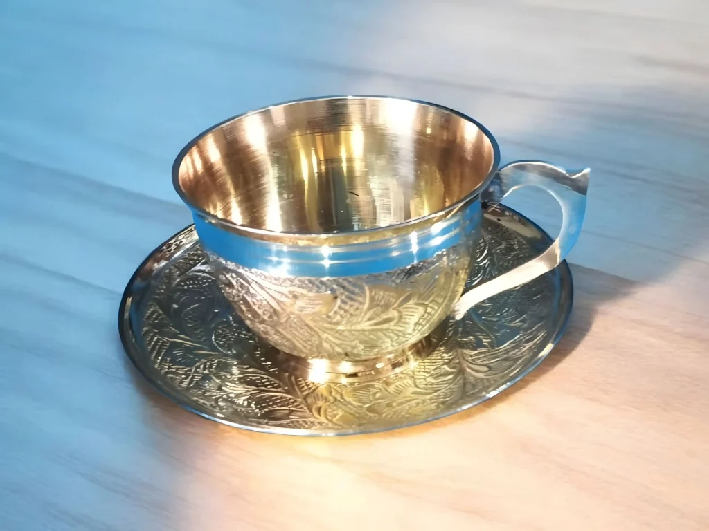 Traditional hand-printed pure brass tea cup with plate, antique brass handicraft gifting item