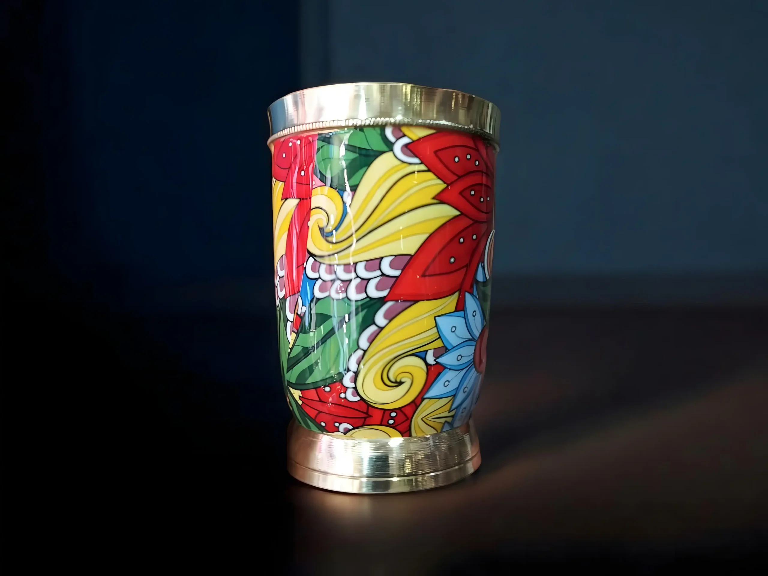 Printed flower pure brass glass, antique royal brass handicraft, non-toxic and chemical-free traditional gifting item