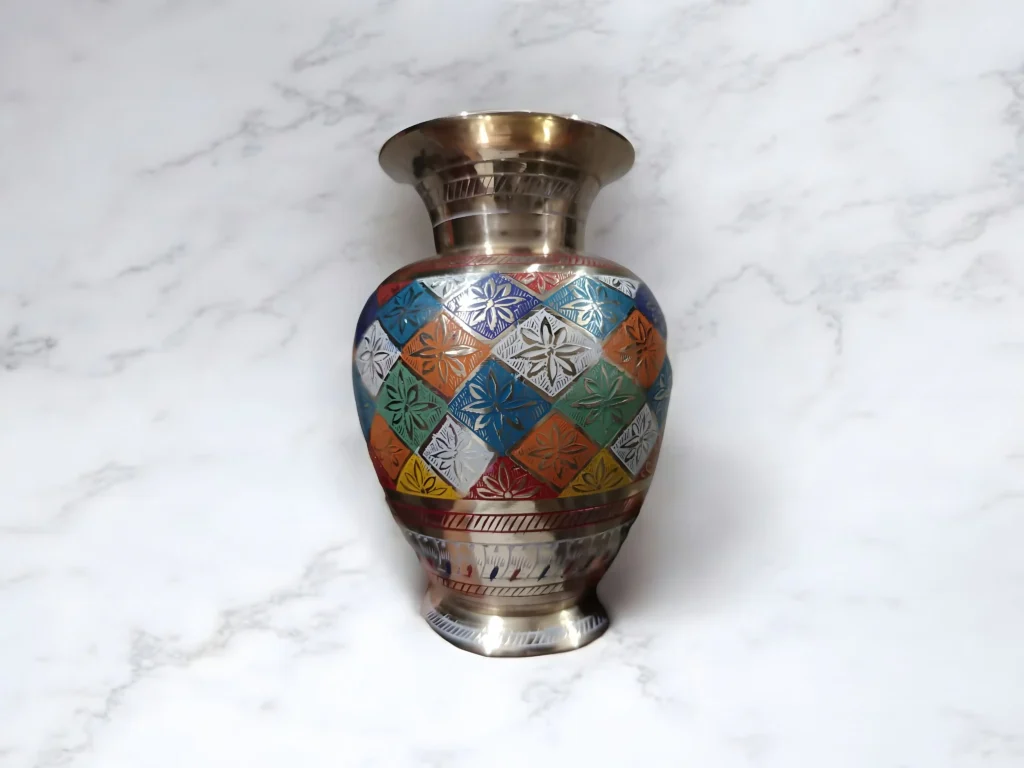 Traditional hand-printed pure brass flower vase, antique royal design, non-toxic and chemical-free brass handicraft