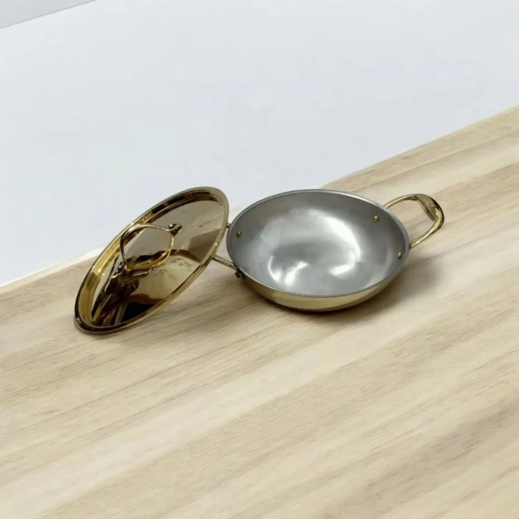 Antique pure brass kadhai with lid – non-toxic, non-stick, chemical-free brass handicraft for gifting