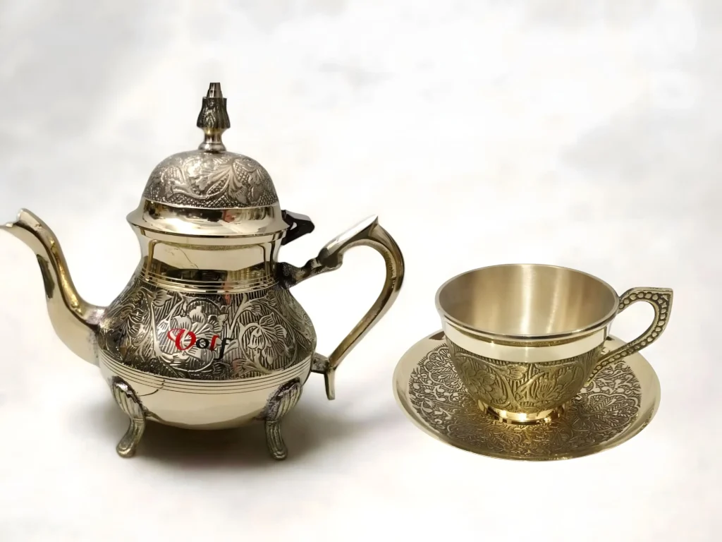 Embossed antique pure brass tea kettle with matching cup and plate, traditional non toxic brassware utensils, handcrafted and chemical free