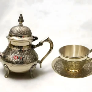 Embossed antique pure brass tea kettle with matching cup and plate, traditional non toxic brassware utensils, handcrafted and chemical free
