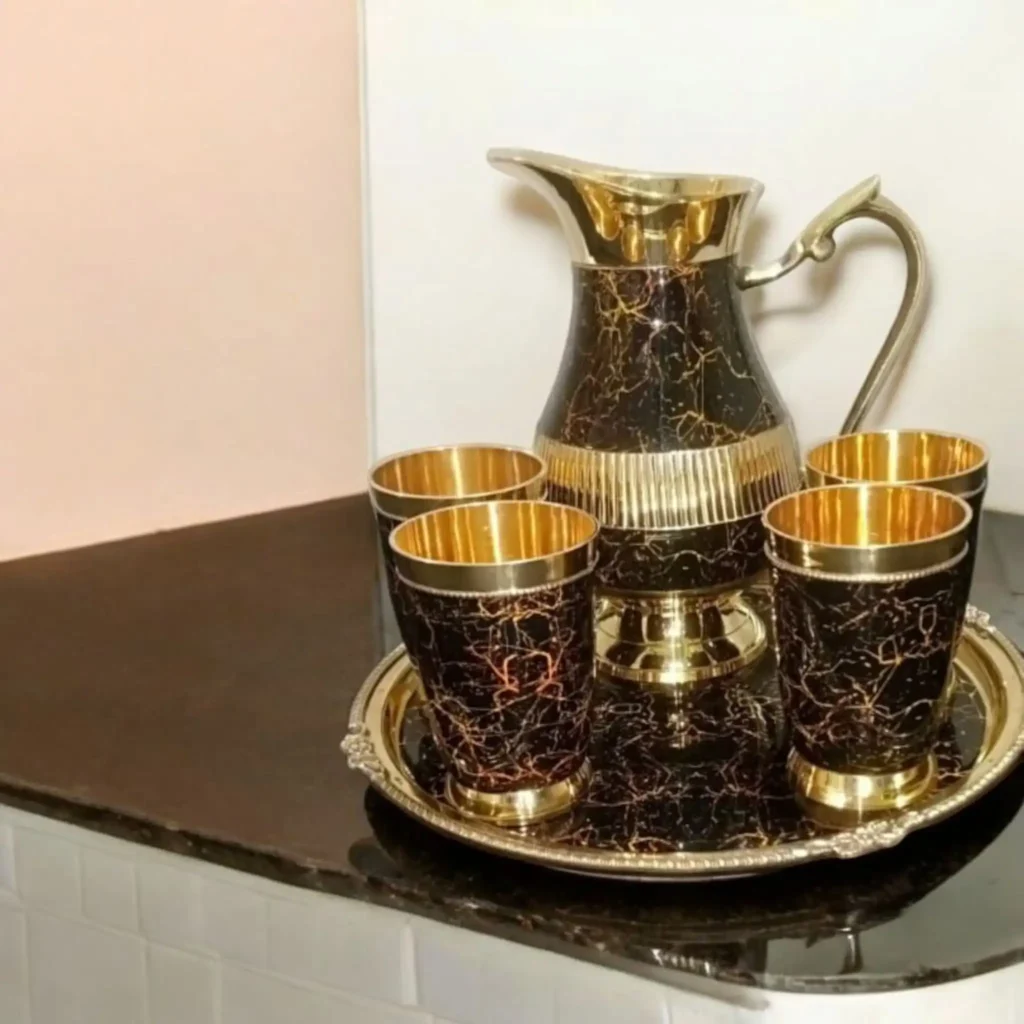 Antique pure brass pitcher with glass and plate, non-toxic, chemical-free brass handicraft, perfect for gifting items and traditional home décor