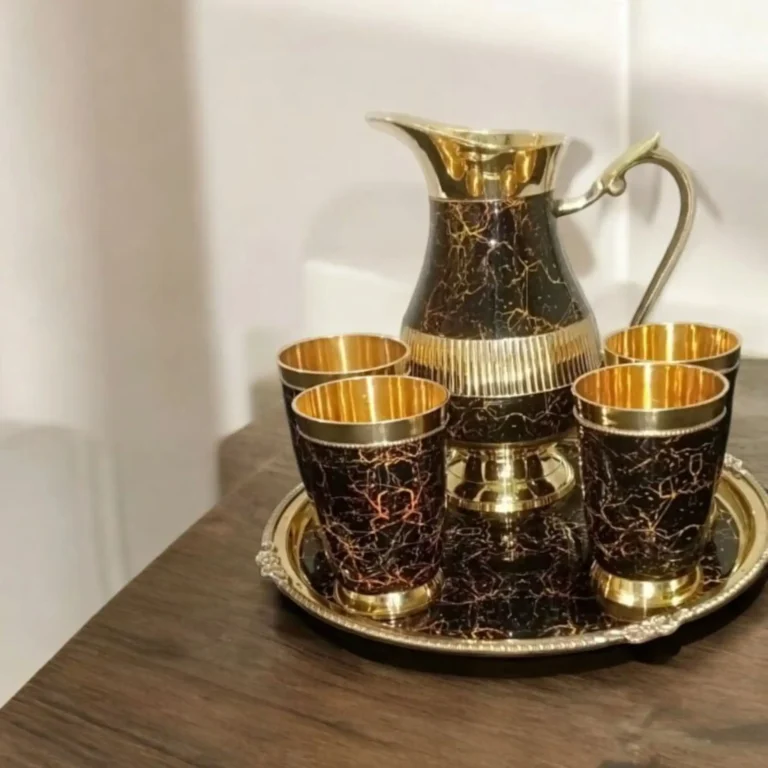 Designer Brass Jug Set with 4 Embossed Glasses & Tray – Royal Mughal Drinkware