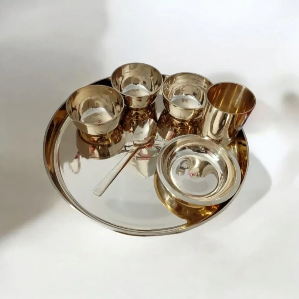 Golden pure brass thali set with bowls, spoon, and glass – chemical-free traditional brassware utensils