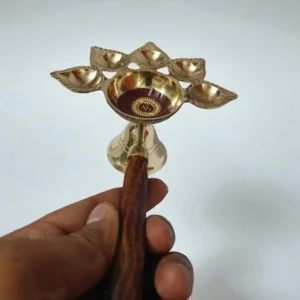 Pure Brass Pancharti Diya with Handle | Traditional Five-Wick Panch Aarti Diya for Puja, Temple & Home | Durable Brass Oil Lamp for Rituals & Festival