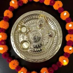 Traditional Brass Aarti Plate for Navratri | Handmade Puja Thali with Diya & Kumkum Holder | Brass Navratri Puja Plate for Spiritual Worship and Festive Ritual