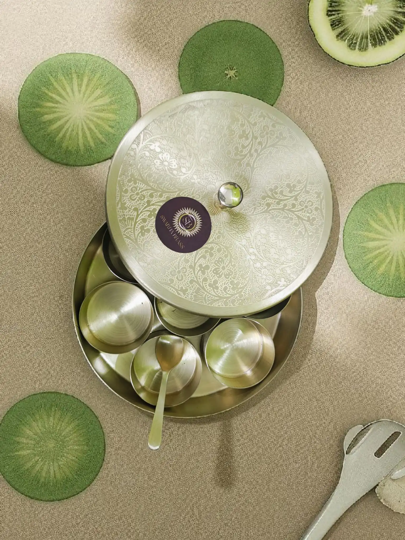 Pure Brass Masala Dani Set with 7 Spice Containers & Brass Spoon | Traditional Masala Dabba Box for Kitchen | Durable Brass Spice Storage Box for Indian Cooking & Gifting - Image 2