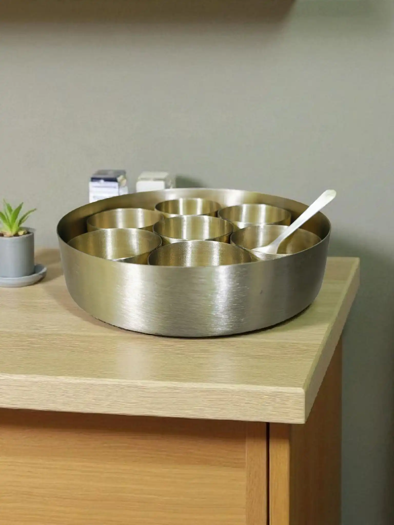 Pure Brass Masala Dani Set with 7 Spice Containers & Brass Spoon | Traditional Masala Dabba Box for Kitchen | Durable Brass Spice Storage Box for Indian Cooking & Gifting - Image 3