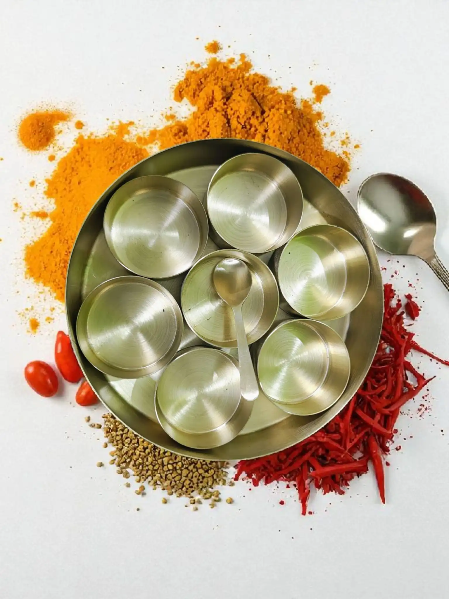 Pure Brass Masala Dani Set with 7 Spice Containers & Brass Spoon | Traditional Masala Dabba Box for Kitchen | Durable Brass Spice Storage Box for Indian Cooking & Gifting - Image 4