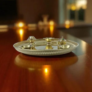 Pure Brass Pooja Thali Set | Traditional Aarti Plate with Diya, Kumkum Bowl, Bell & Spoon | Handcrafted Brass Puja Thali for Temple & Home Worship Ritual