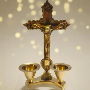 Elegant Brass Christ with Candle Stand | Religious Home Decor for Christmas Decorations | Handcrafted Brass Crucifix and Candle Holder for Spiritual Ambiance & Festive Gift