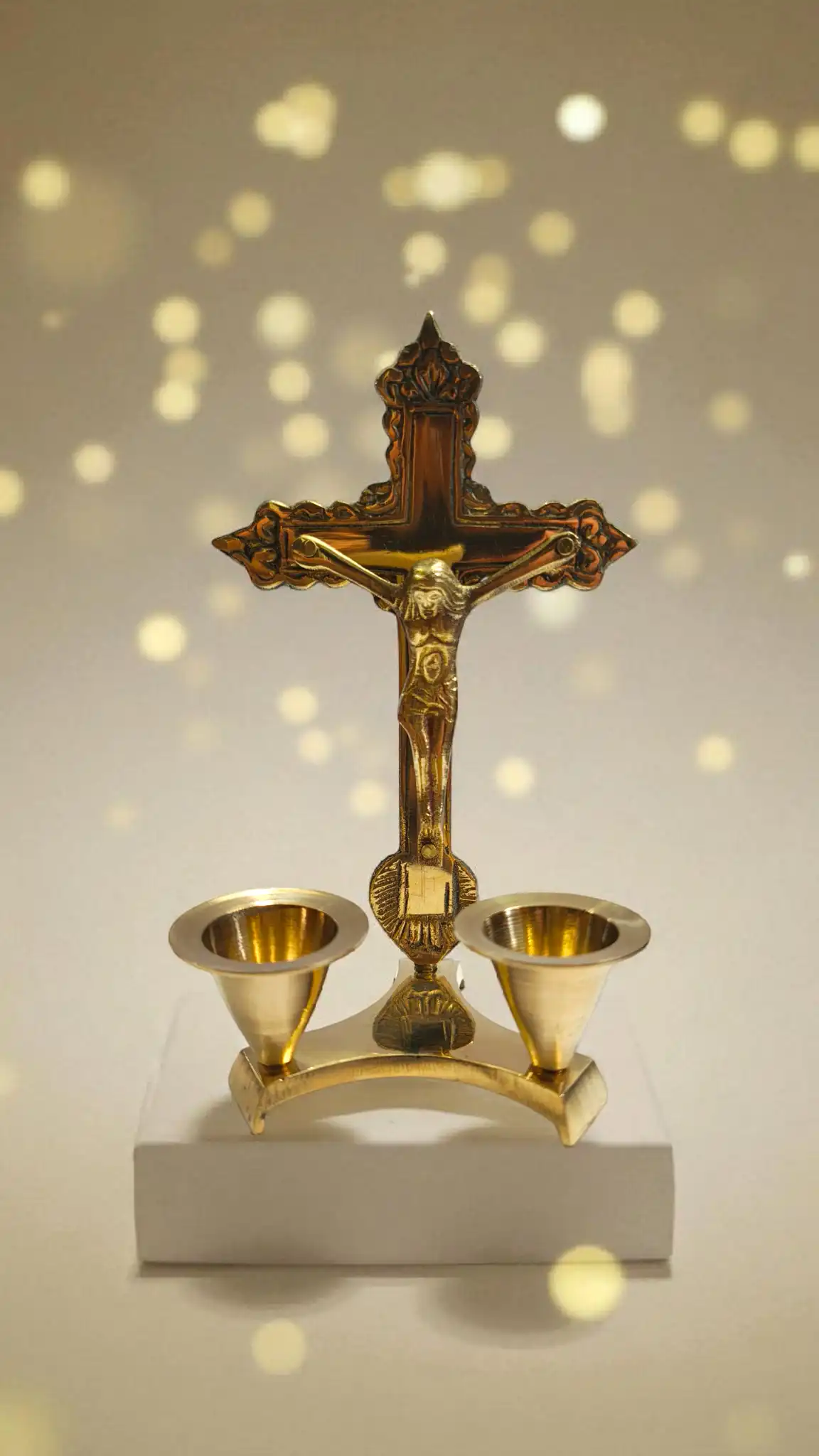 Elegant Brass Christ with Candle Stand | Religious Home Decor for Christmas Decorations | Handcrafted Brass Crucifix and Candle Holder for Spiritual Ambiance & Festive Gift