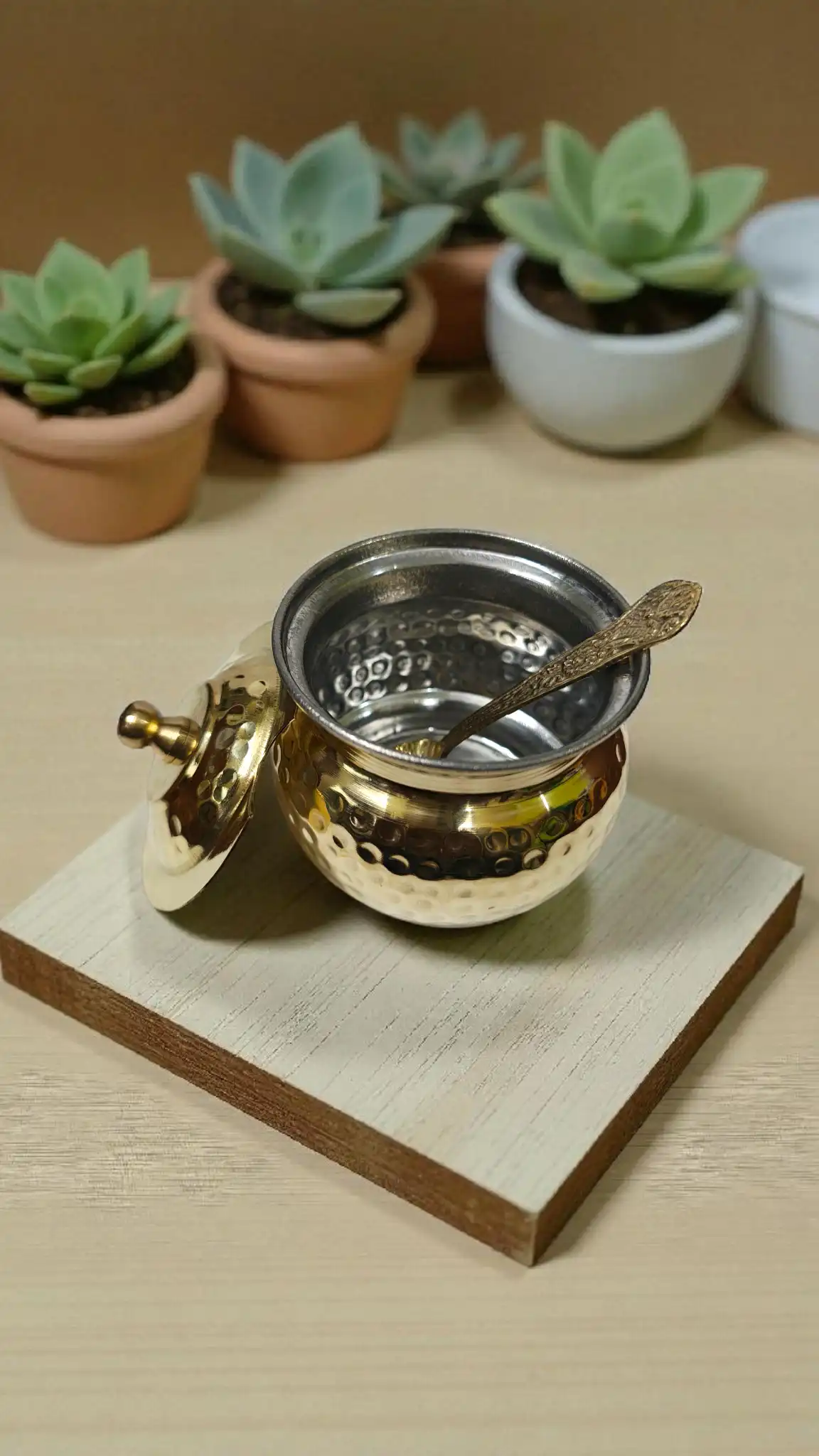 Elegant Brass Ghee Pot with Spoon | Traditional Brass Ghee Container for Kitchen & Pooja Use | Decorative Brass Uruli for Ghee & Abhishek