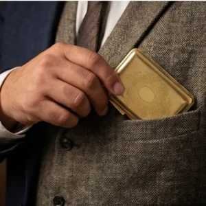 A 4-inch antique-style solid brass cigarette box resting on a vintage leather surface, highlighting its heavy-gauge handcrafted metallic finish.